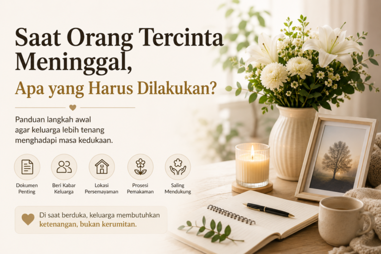 Keluarga sedang berkumpul dengan tenang setelah kehilangan orang tercinta, menggambarkan langkah awal mengurus kebutuhan kedukaan bersama DUKA