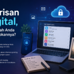 Ilustrasi warisan digital berupa laptop, ponsel, cloud, email, foto keluarga, dan dokumen penting sebagai bentuk perencanaan bagi keluarga di masa depan.