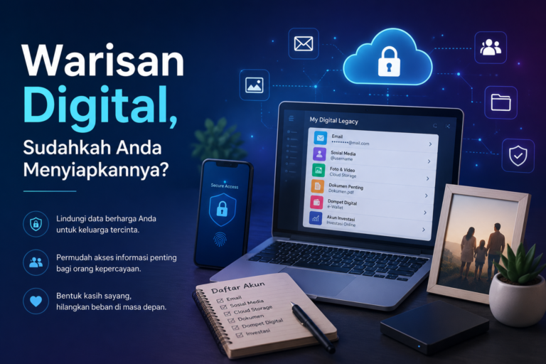 Ilustrasi warisan digital berupa laptop, ponsel, cloud, email, foto keluarga, dan dokumen penting sebagai bentuk perencanaan bagi keluarga di masa depan.